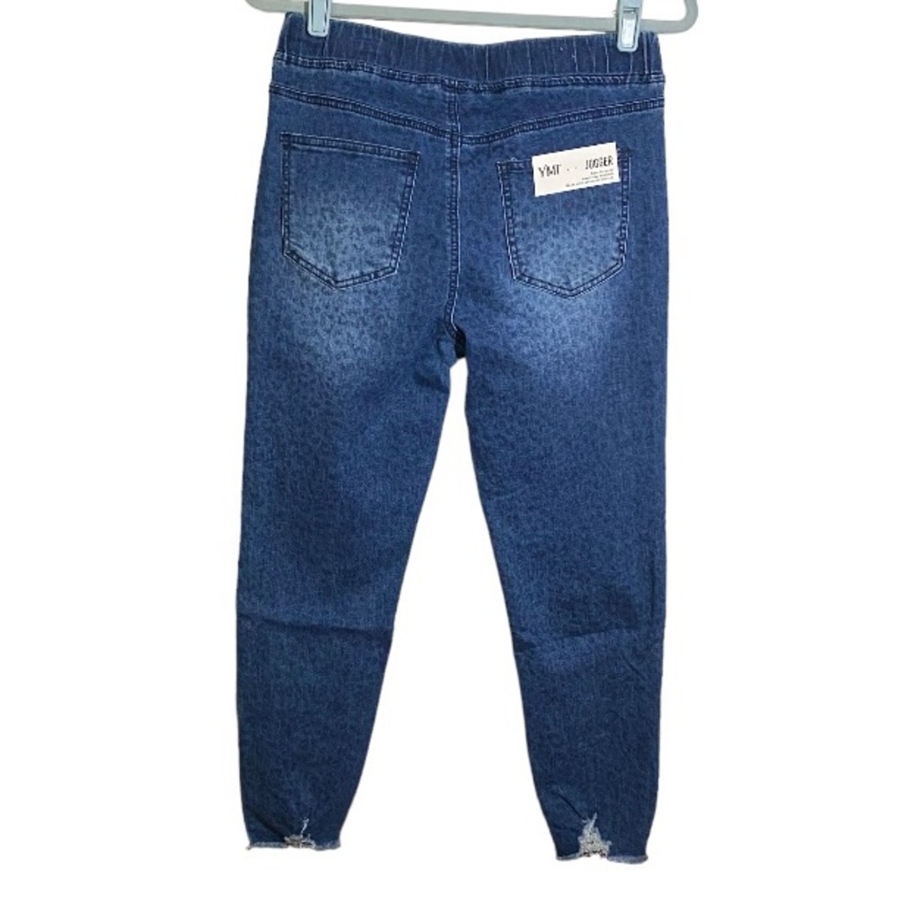 Denim Joggers High Rise Indigo Leopard Frayed Hem Drawstring Waist Size Medium - Picture 6 of 16
